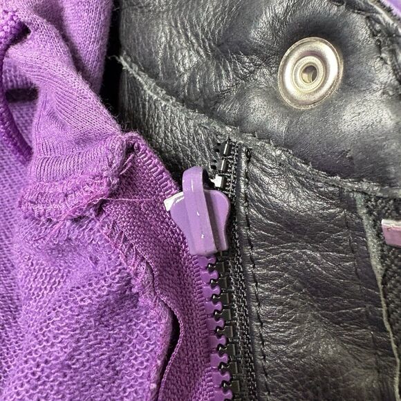 UNIK WOMENS LEATHER JACKET Cafe Moto Zip In Hoodie Purple Black Embroidered 5X - Picture 7 of 9